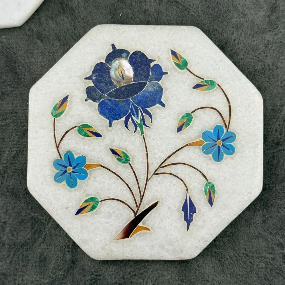 TWO (2) Handmade White Stone Tiles Coasters Inlaid Lapis Pietradura Floral 4